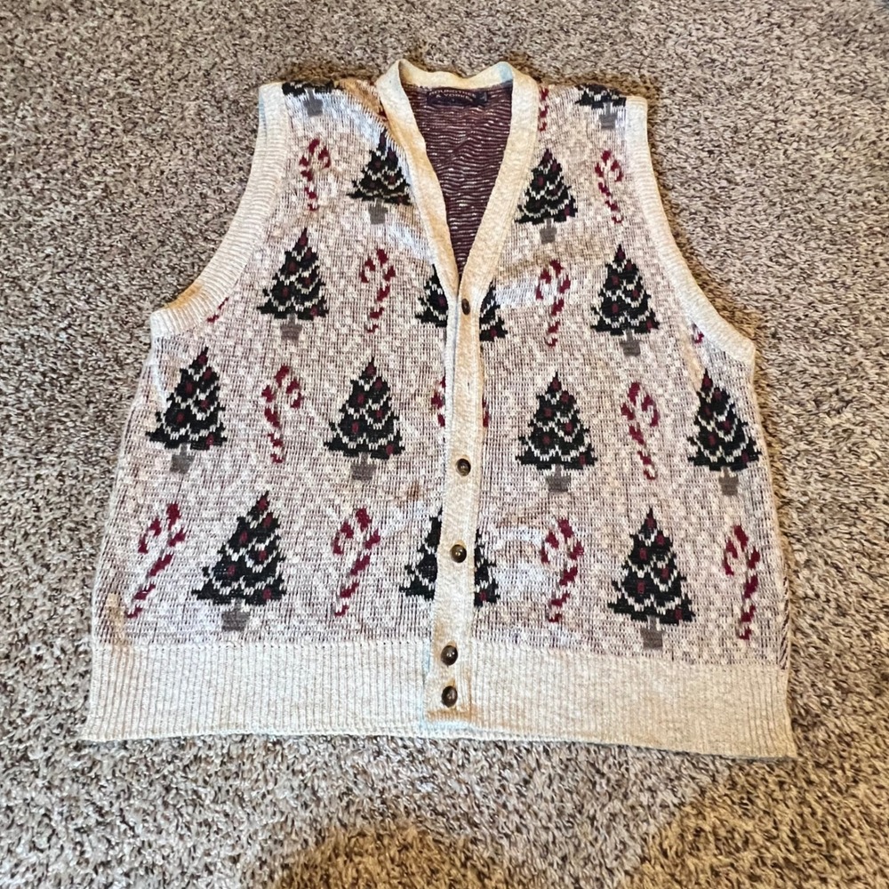 Roundtree & Yorke Vintage Christmas Tree Candy Cane Knit Cardigan Vest Mens L